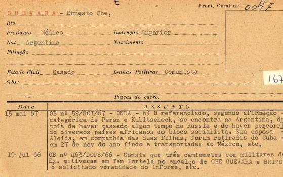 Ficha de Che Guevara nos arquivos do Dops